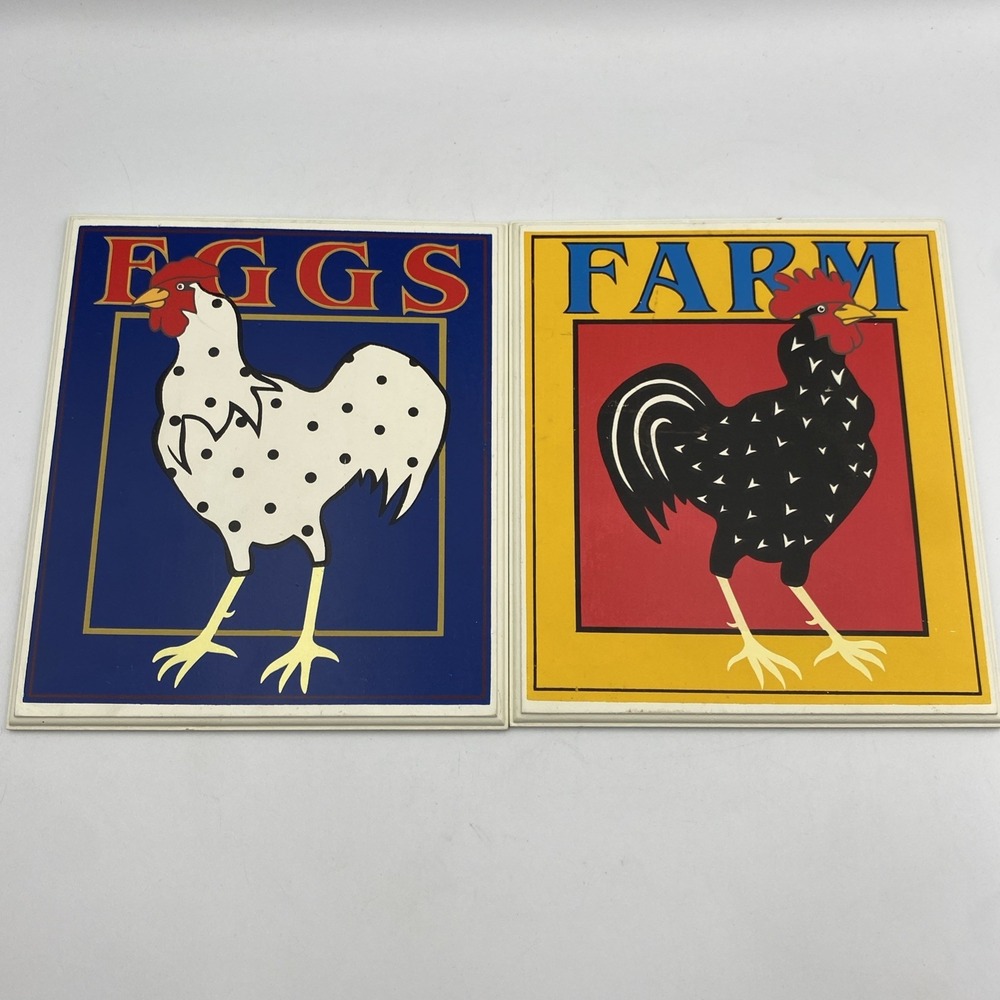 Vintage Pair of Wood Rooster Chicken Farm Eggs Wall Decor Signs‎ Colorful Rustic